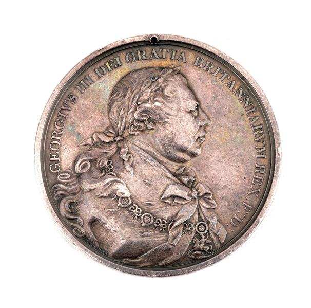 RARE MEDIUM SIZE SILVER NORTH AMERICAN BRITISH INDIAN CHIEFS MEDAL OF GEORGE III, DATED 1814.