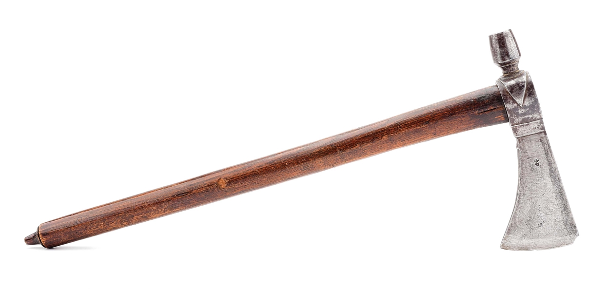 SCARCE CIRCA 1770 IRON BRITISH ORDNANCE PIPE TOMAHAWK BY PARKES WITH ORIGINAL HAFT.