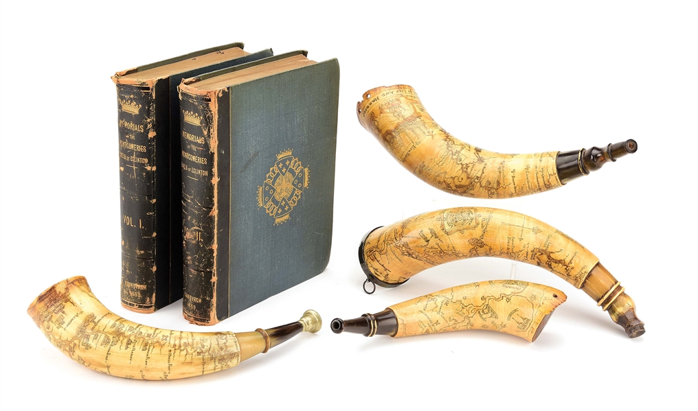 GROUP OF FOUR CASED ENGRAVED FRENCH AND INDIAN WAR MAP POWDER HORNS, THREE BELONGING TO ARCHIBALD MONTGOMERIE. 