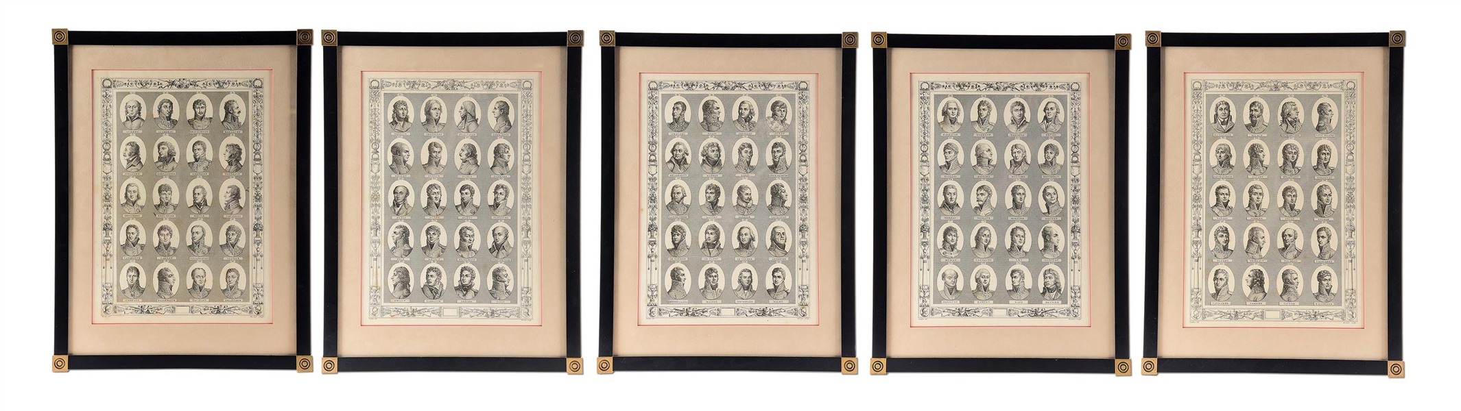 COMPLETE FRAMED SET OF FIVE INDIVIDUAL PRINTS OF NAPOLEONIC OFFICERS, CIRCA. 1806, ENGRAVED BY EDME BOVINET.