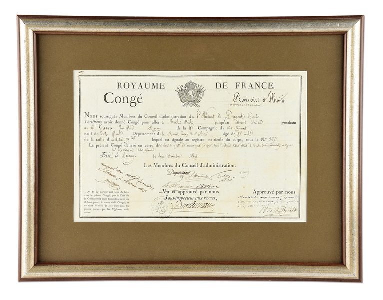 FRAMED DISCHARGE FOR A DRAGOON OF NAPOLEONS ARMY PRINTED CONGE ROYAUME DE FRANCE DATED DECEMBER 16TH 1814, MAUBEUGE.
