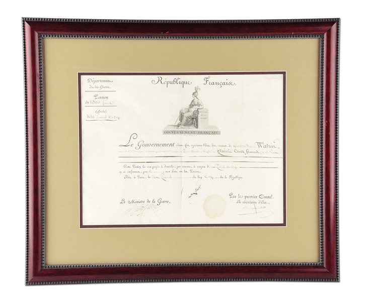 FRAMED PRINTED AND BONAPARTE SIGNED PENSION DOCUMENT FOR WIDOW OF GENERAL FRANCOIS WATRIN.