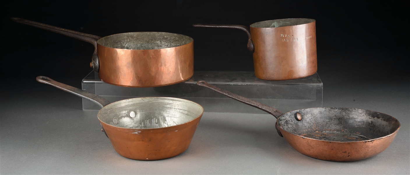 LOT OF 4: COPPER COOKWARE WITH CAST IRON HANDLES. 