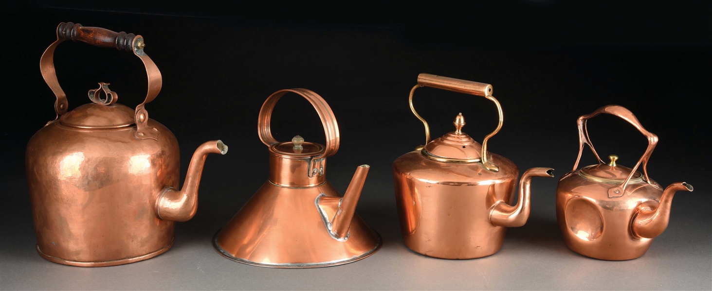 LOT OF 4: COPPER KETTLES. 