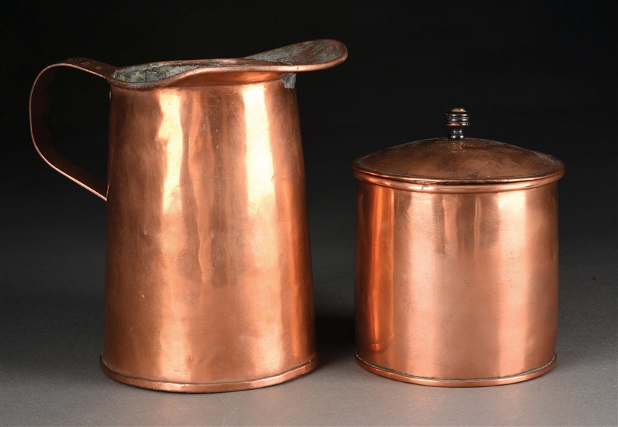 LOT OF 2: COPPER CONTAINER AND PITCHER. 