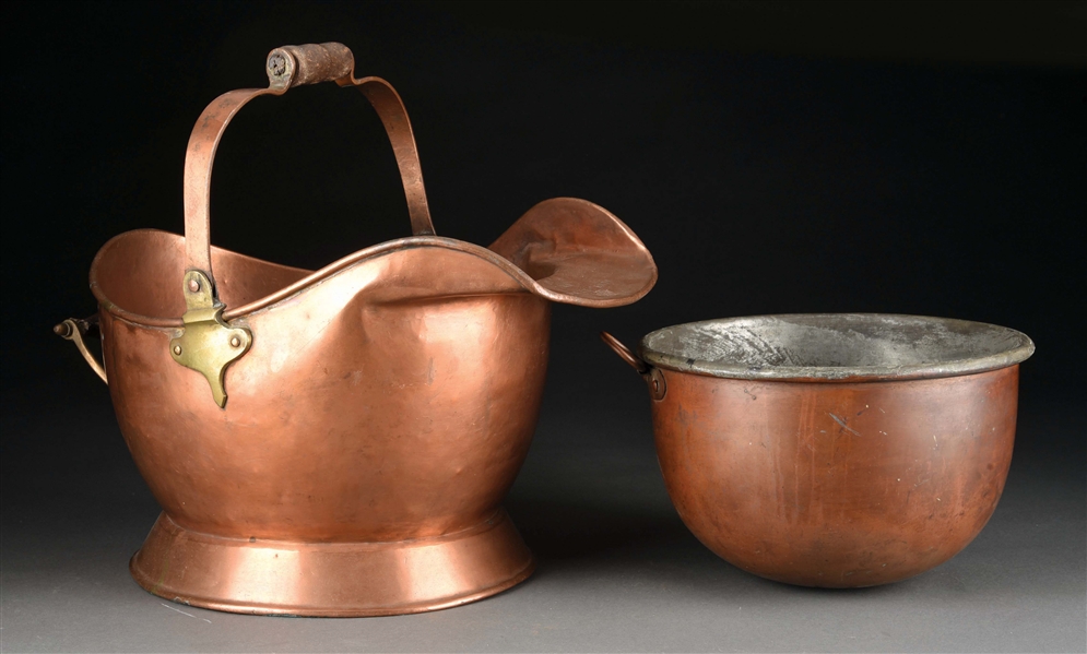 LOT OF 2: COPPER COAL BUCKET AND PAN. 