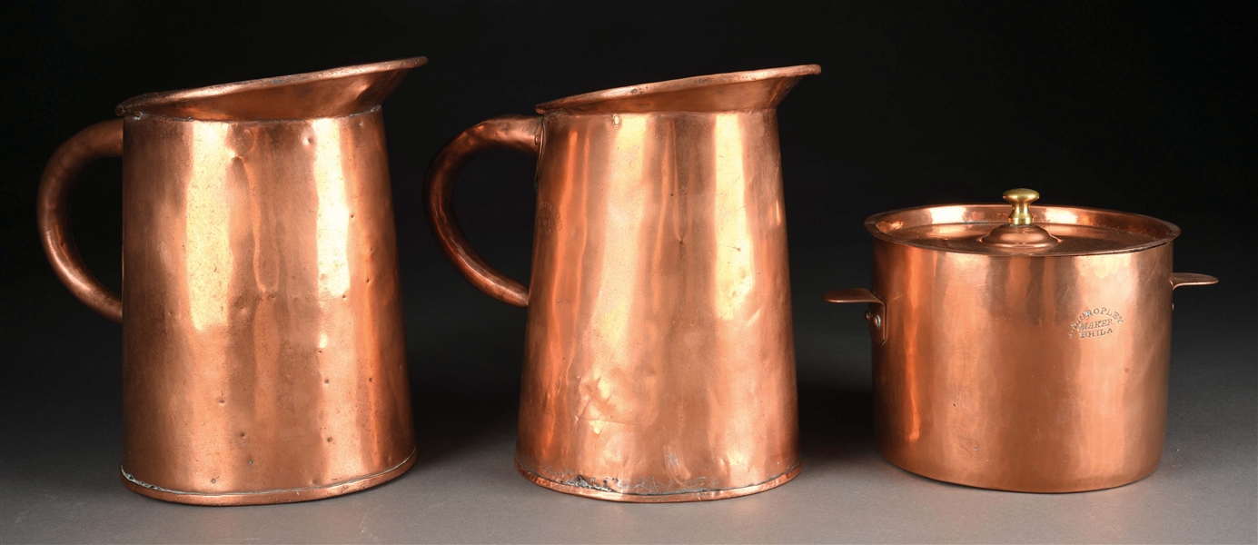 LOT OF 3: COPPER PITCHERS AND CONTAINER. 