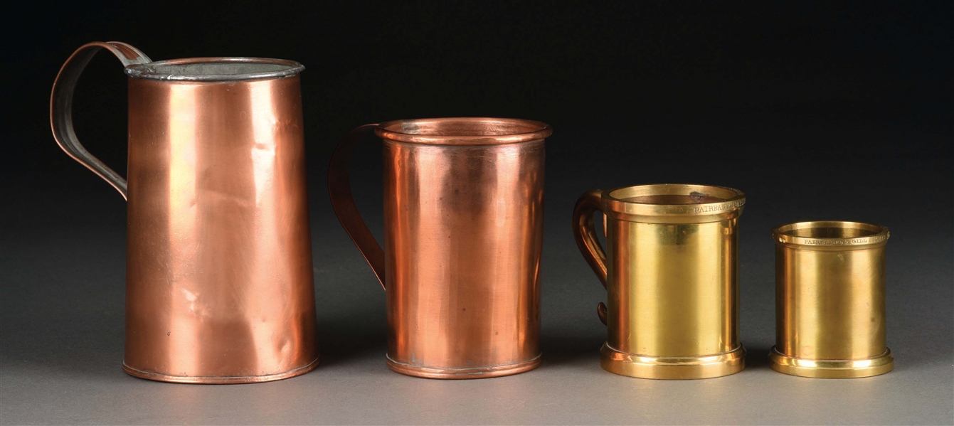 LOT OF 4: COPPER AND BRASS MEASURES AND MUGS. 