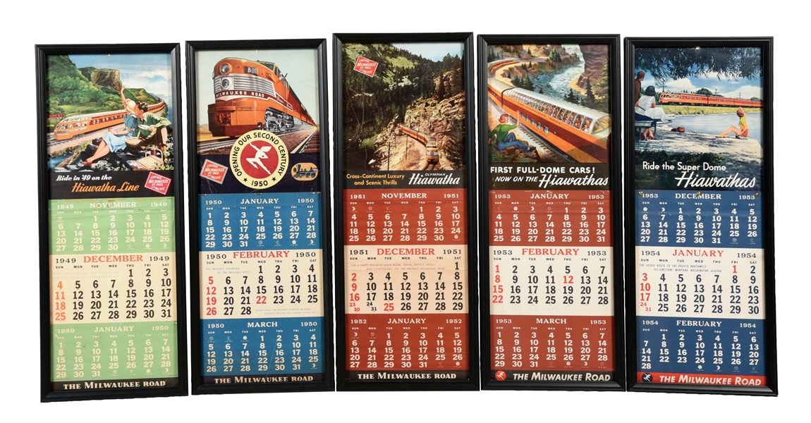 LOT OF 5: 1949, 50, 51, AND 53 MILWAUKEE ROAD CALENDARS.
