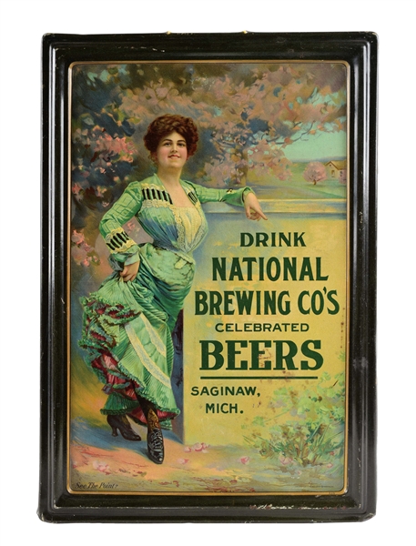 SELF FRAMED TIN NATIONAL BREWING CO. CELEBRATED BEERS SIGN. 