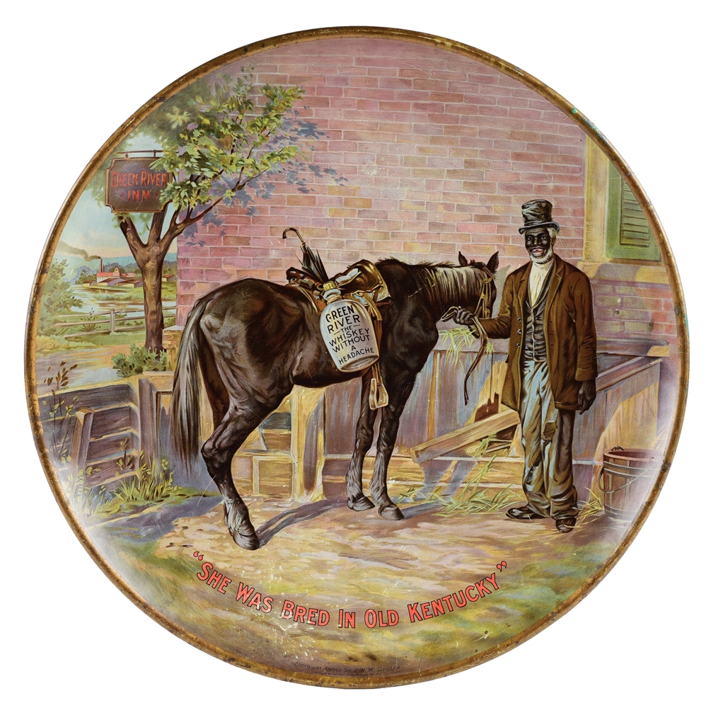 GREEN RIVER WHISKEY TIN ADVERTISING CHARGER.