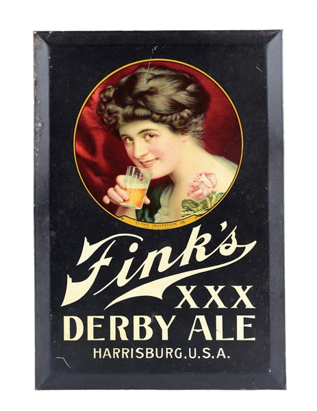 FINKS DERBY ALE ADVERTISING TIN OVER CARDBOARD SIGN. 