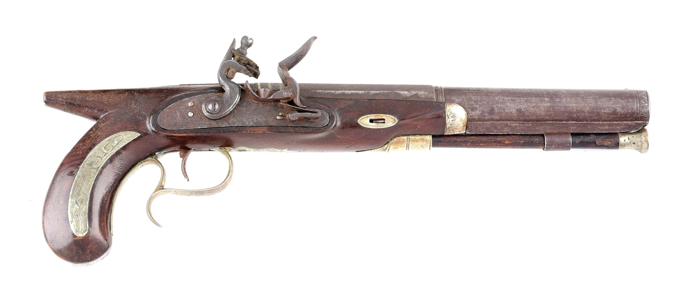 (A) AMERICAN SILVER MOUNTED SAW HANDLE FLINTLOCK DUELING OR TARGET PISTOL BY H. T. COOPER.