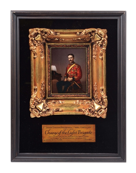 FRAMED OIL PAINTING OF FAMED CHARGE OF THE LIGHT BRIGADE HERO JAMES THOMAS BRUDENELL, 7TH EARL OF CARDIGAN, CIRCA 1840.