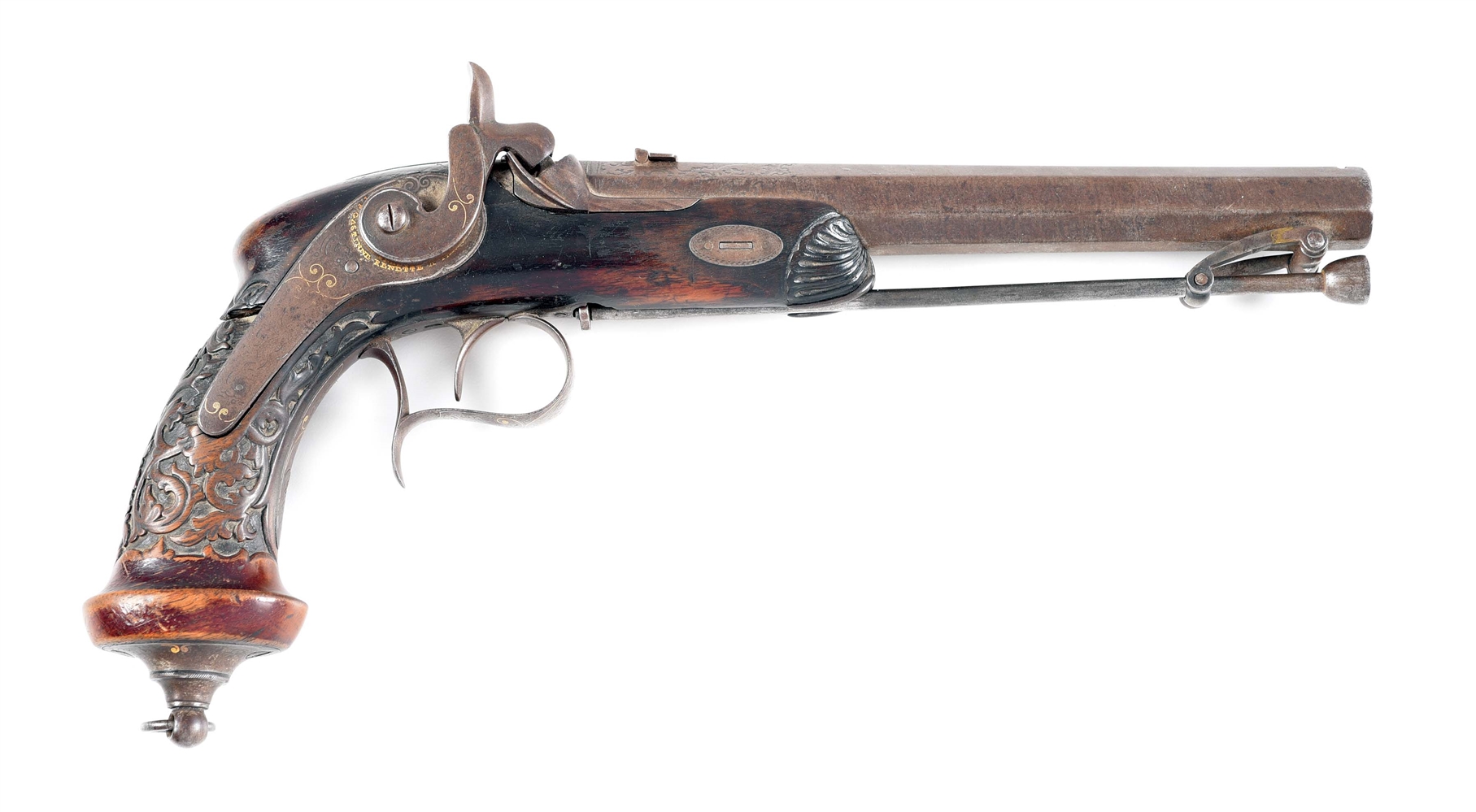 (A) FRENCH PERCUSSION PARLOR PISTOL WITH INTRICATE RELIEF CARVED STOCK.