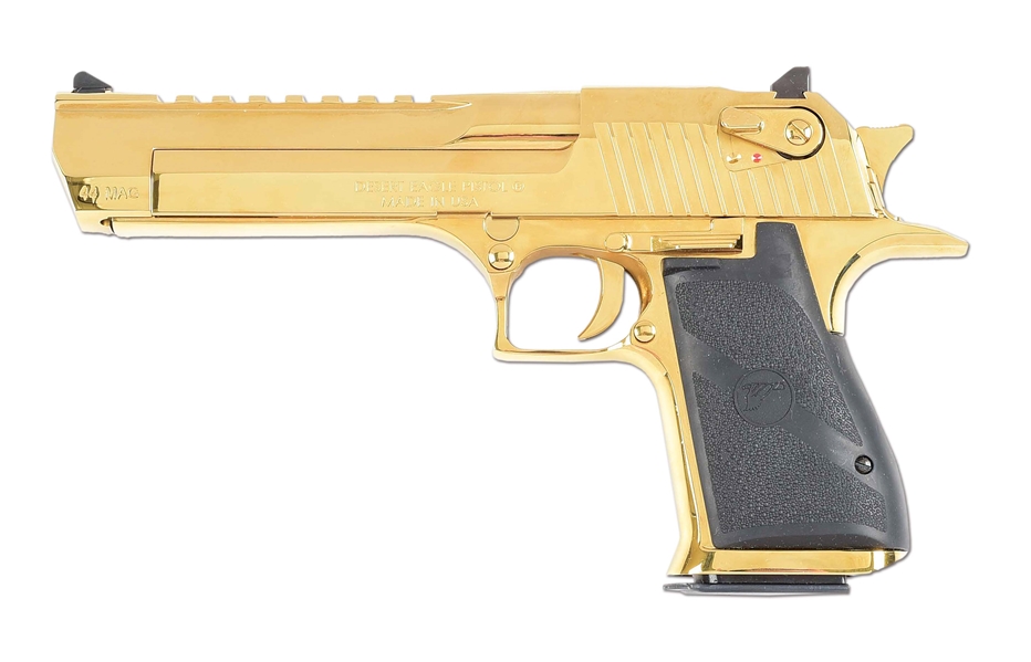(M) GOLD PLATED MAGNUM RESEARCH DESERT EAGLE .44 MAGNUM SEMI-AUTOMATIC PISTOL WITH CASE.