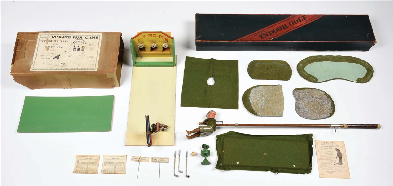 LOT OF 2: EARLY SCHOENHUT GOLF AND PIG GAMES. 