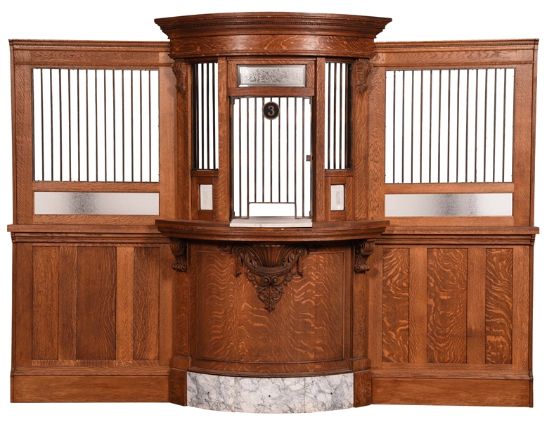 BEAUTIFUL QUARTERED OAK BANK TELLERS CAGE.