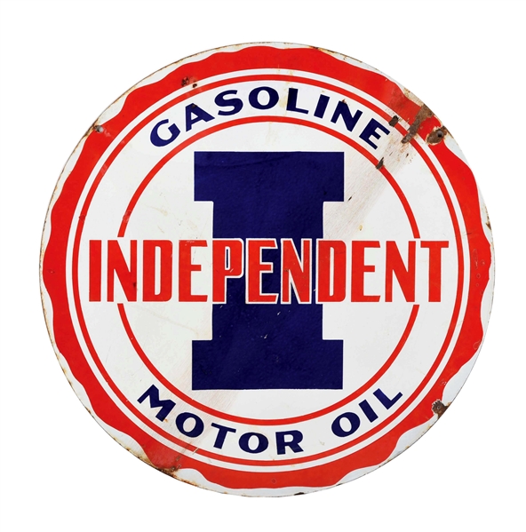 INDEPENDENT GASOLINE & MOTOR OIL PORCELAIN SERVICE STATION SIGN.