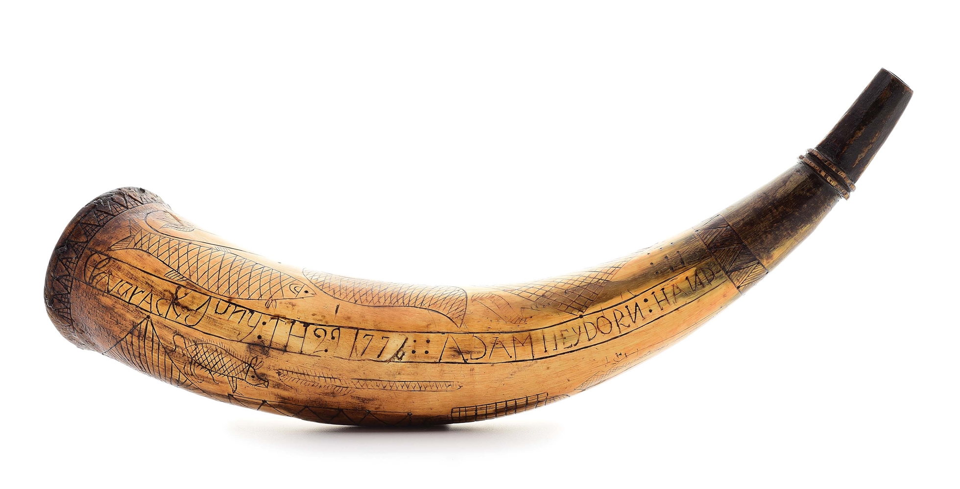 IMPORTANT GERMAN LOYALIST-MADE ENGRAVED POWDER HORN MADE BY ADAM HEYDORNE AND DATED 1776, CLAVARACK.