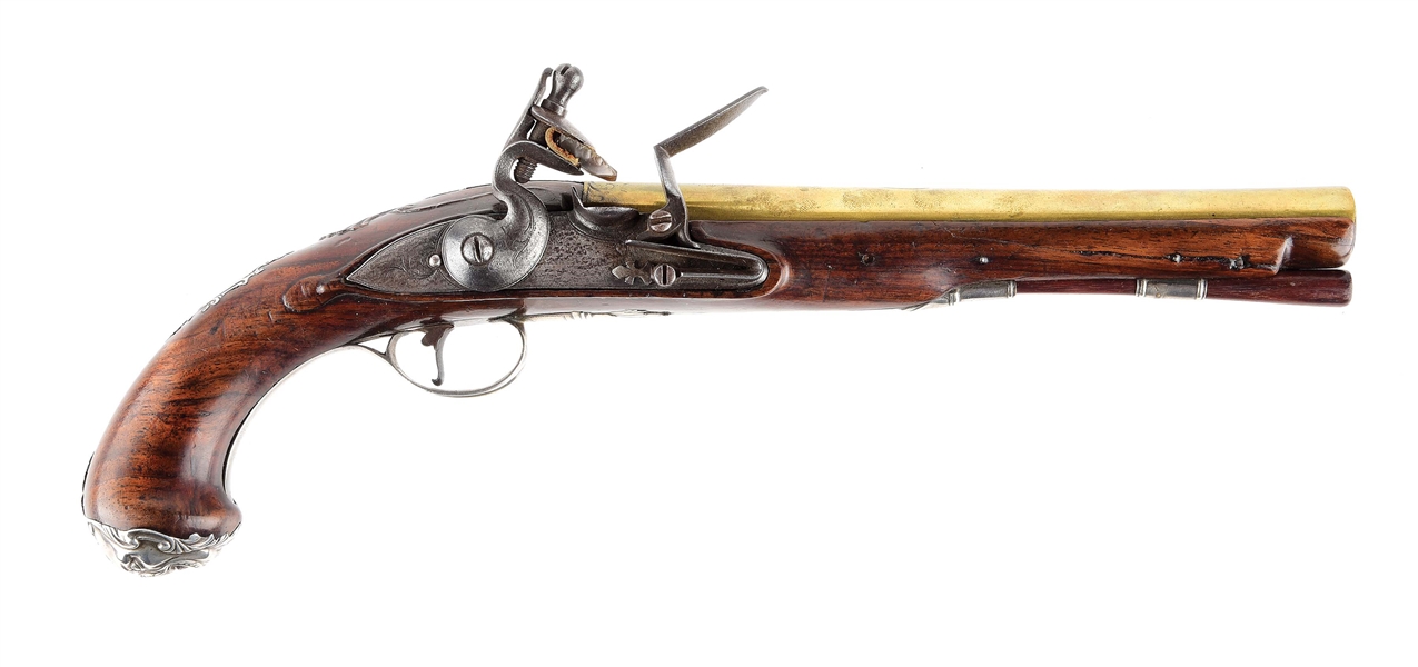(A) FINE SILVER MOUNTED BRITISH OFFICERS PISTOL BY HURST & GRICE.