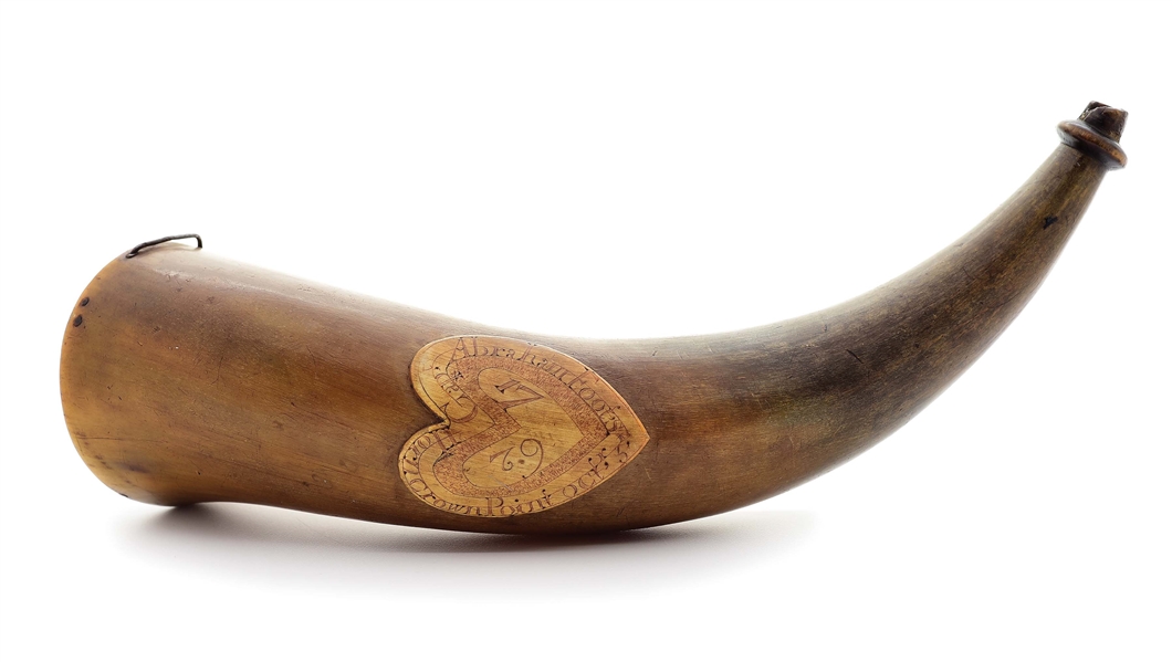 IMPORTANT ENGRAVED POWDER HORN OF CAPTAIN ABRAHAM FOOT, DATED 1762, EX. GUTHMAN / FLAYDERMAN COLLECTIONS.