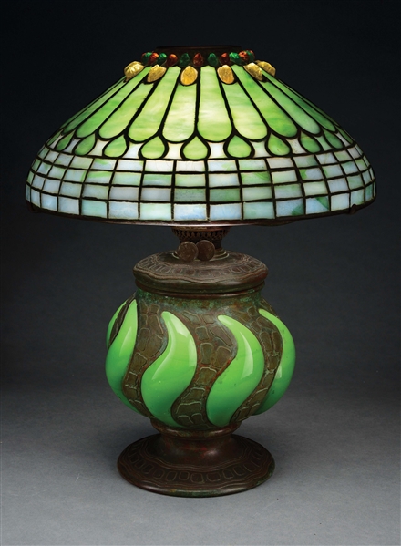 TIFFANY STUDIOS JEWELED FEATHER LEADED GLASS LAMP WITH BLOWN-OUT BASE.
