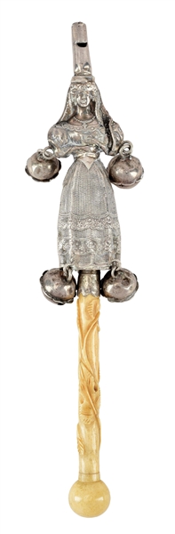 VICTORIAN STERLING SILVER BABY RATTLE MAIDEN WITH CARVED HANDLE AND WHISTLE.