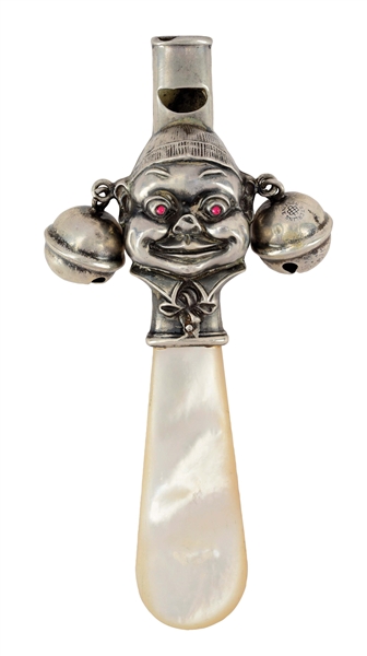 VICTORIAN STERLING SILVER BABY RATTLE CLOWN FACE WITH WHISTLE.