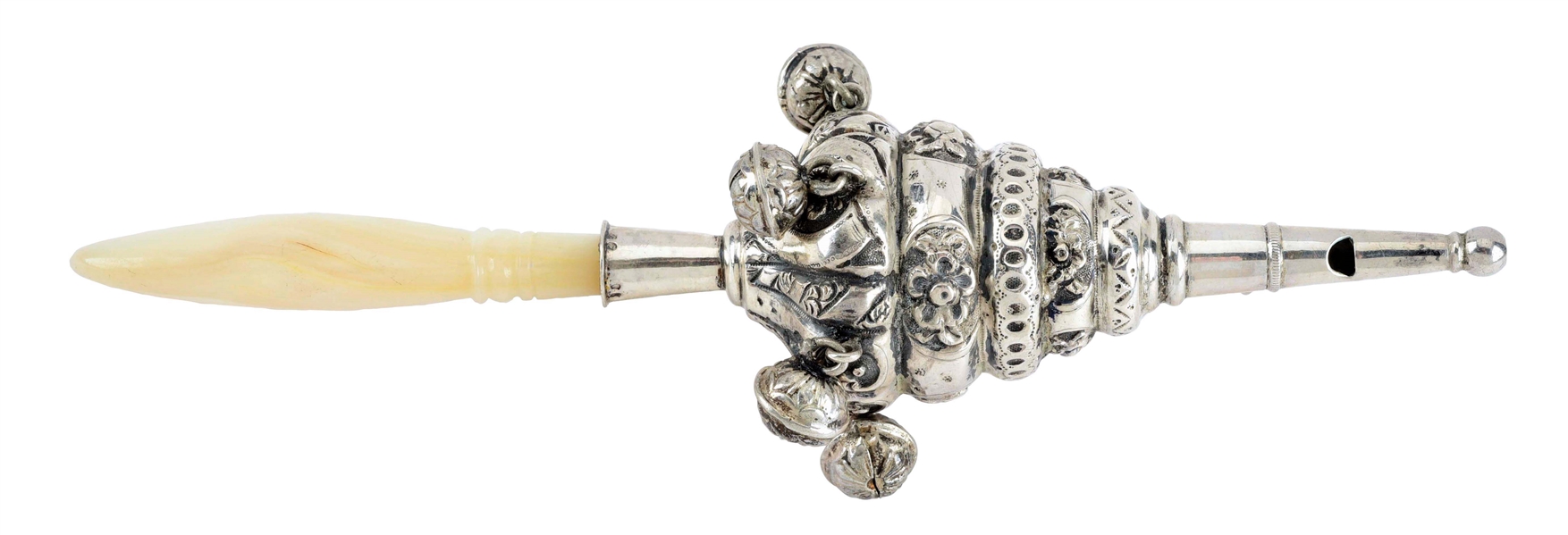 VICTORIAN STERLING SILVER BABY RATTLEWITH WHISTLE AND MOTHER OF PEARL HANDLE.
