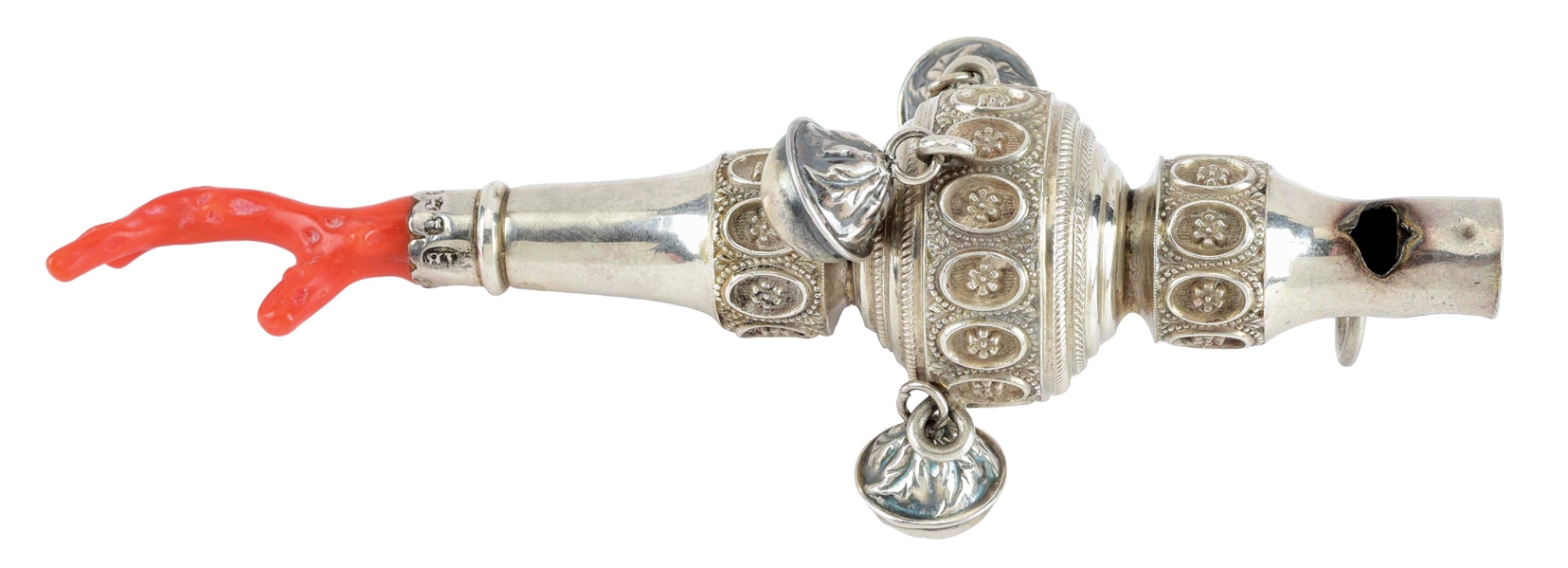 VICTORIAN STERLING SILVER BABY RATTLE MARKED I.B. WITH WHISTLE AND CORAL TEETHING HANDLE.