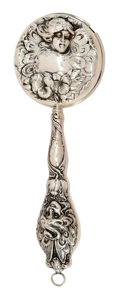 VICTORIAN STERLING SILVER BABY RATTLE ART NOVEAU WITH LADIES ON HANDLE AND DRUM.