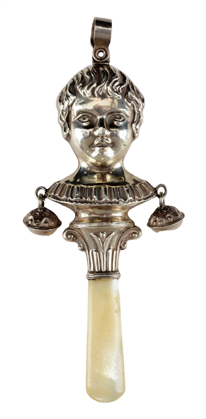 VICTORIAN STERLING SILVER BABY RATTLE CHILDS HEAD.