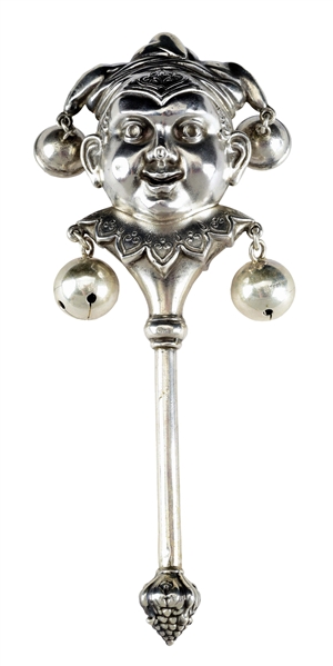 VICTORIAN STERLING SILVER BABY RATTLE COURT JESTER.