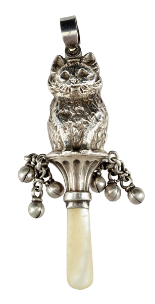 VICTORIAN STERLING SILVER BABY RATTLE SITTING CAT.