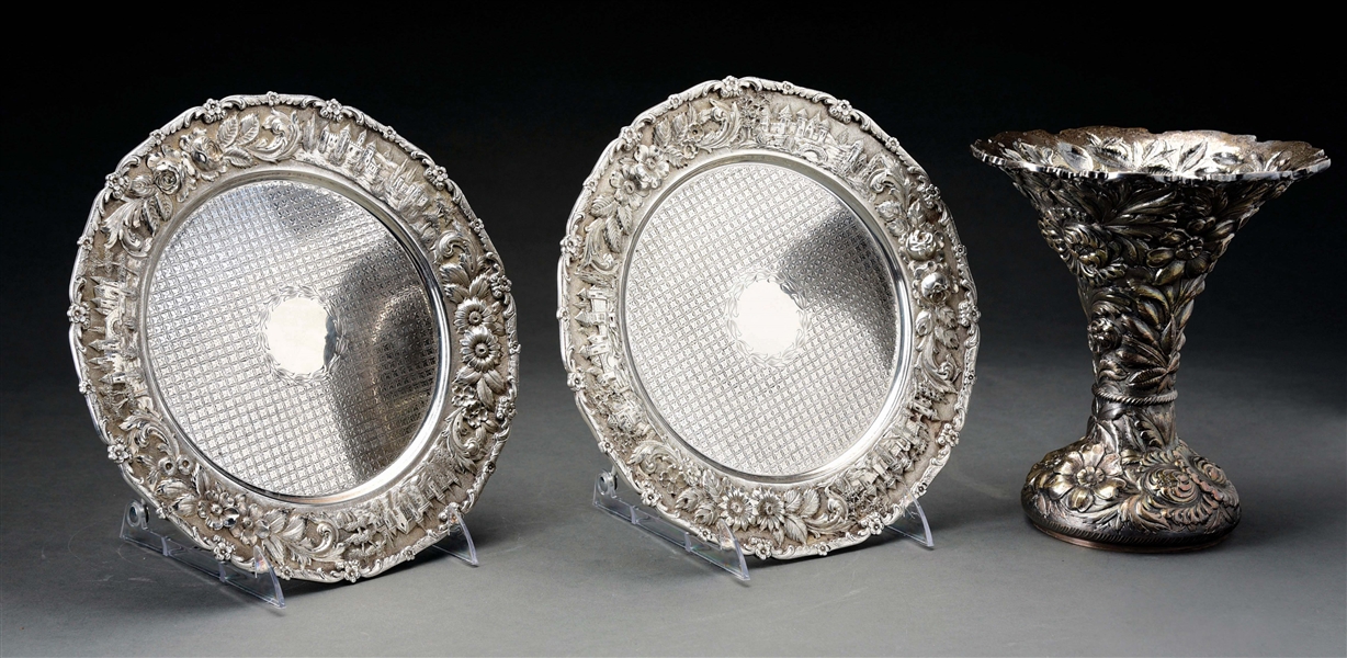 A PAIR OF AMERICAN STERLING REPOUSSE PLATES AND A VASE.