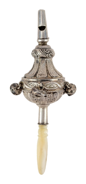 VICTORIAN STERLING SILVER BABY RATTLE ETCHED DOME.
