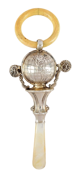 VICTORIAN STERLING SILVER BABY RATTLE WORLD GLOBE WITH EMBOSSED CONTINENTS.
