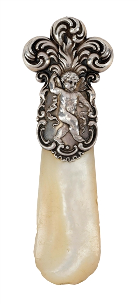 VICTORIAN STERLING SILVER BABY RATTLE CHERUB WITH LARGE MOTHER OF PEARL HANDLE.