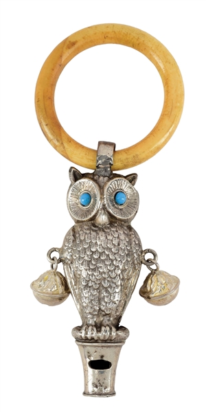 VICTORIAN STERLING SILVER BABY RATTLE OWL WITH TURQUOISE EYES.