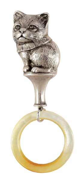 VICTORIAN STERLING SILVER BABY RATTLE SITTING CAT BY BLACKINGTON.