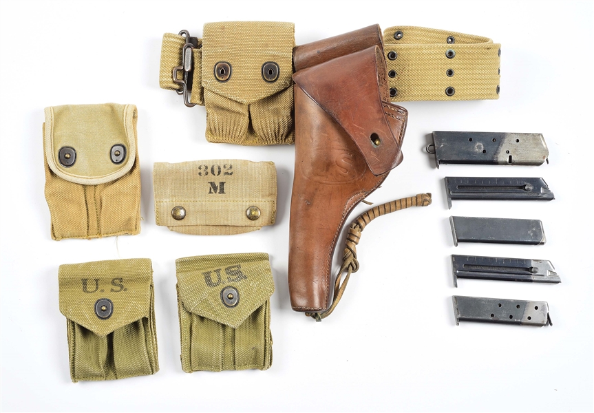 LOT OF 12: FIREARMS ACCESSORIES, MAGAZINES, MAGAZINE POUCHES, AND HOLSTER WITH BELT.