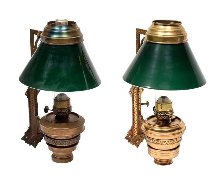 LOT OF 2: BRASS CAR LAMPS WITH GLASS SHADES.
