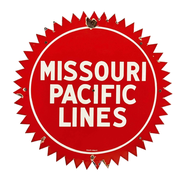 MISSOURI PACIFIC RAILROAD LINES PORCELAIN SIGN W/ SAW TOOTH EDGE. 