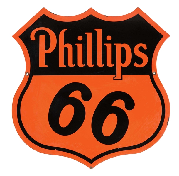 PHILLIPS 66 GASOLINE PORCELAIN SHIELD SIGN.