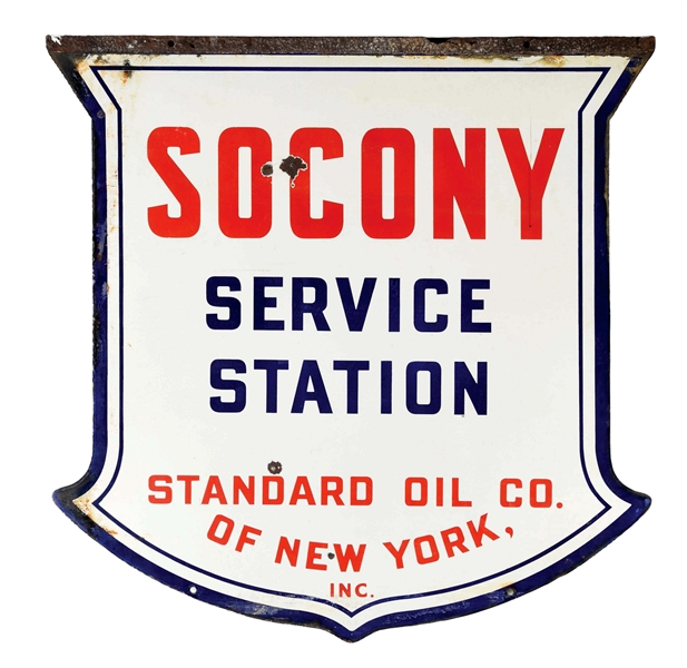 SOCONY SERVICE STATION DIE CUT PORCELAIN SHIELD SIGN.