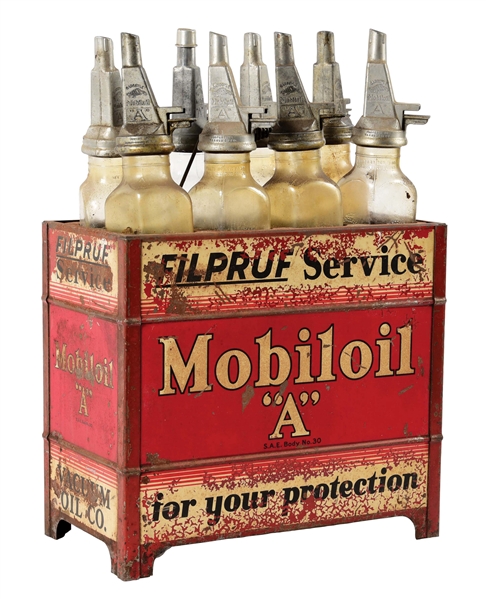 MOBILOIL "A" FILPRUF MOTOR OIL COMPLETE SERVICE STATION OIL RACK W/ ORIGINAL GLASS FILPRUF BOTTLES.