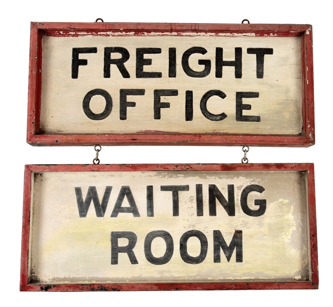 TWO-TIER RAILROAD FREIGHT OFFICE / WAITING ROOM HANGING SIGN.
