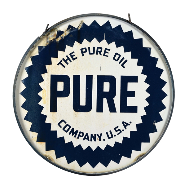 PURE OIL COMPANY PORCELAIN SERVICE STATION SIGN W/ ORIGINAL RING. 