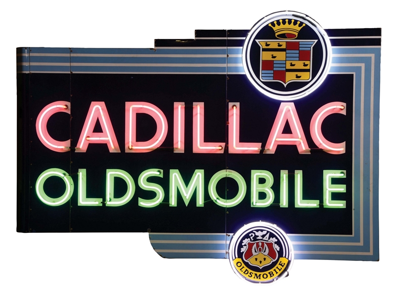 OUTSTANDING CADILLAC & OLDSMOBILE  DIE CUT PORCELAIN NEON SIGN W/ BULLNOSE ATTACHMENT. 